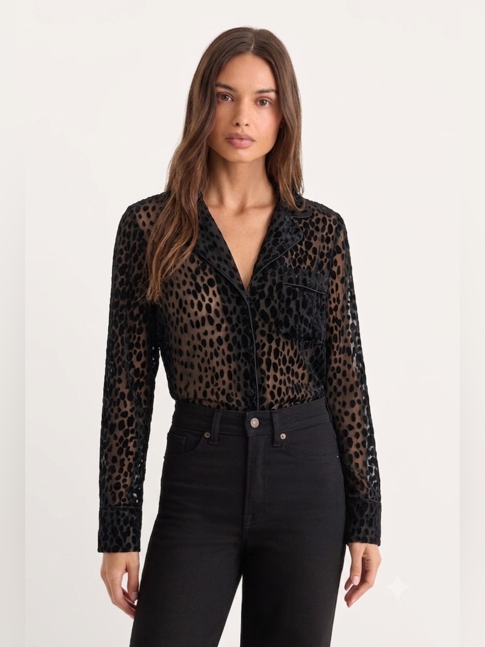 020 GOOD AMERICAN Women's Sheer Bliss Burnout Velvet Blouse - Black, Medium